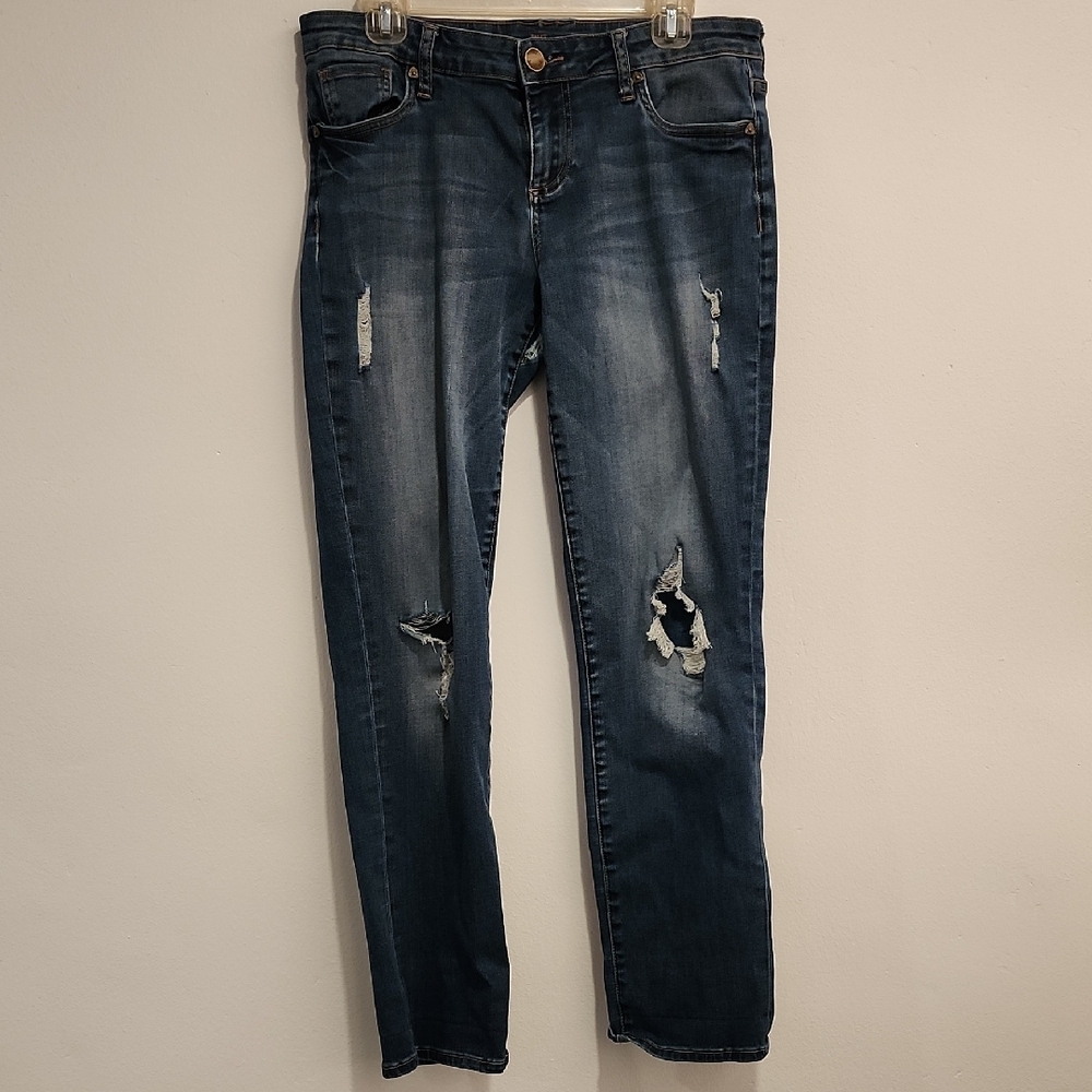 Distressed Blue Straight Leg Jeans with Faded Wash
